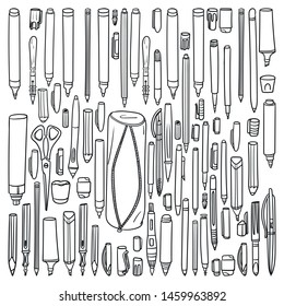 monochrome vector illustration of many pencils with pencil case.  scribble, outline, comic, ink, sketch, doodle, vector, illustration, line, cartoon, black, white, drawing, stroke, monochrome.