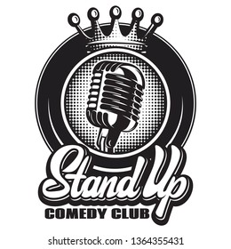 Monochrome vector illustration with microphone and wreath for stand-up.