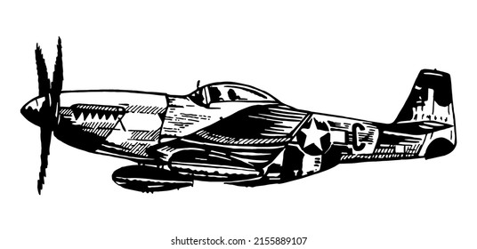 Monochrome Vector Illustration Of Old Fighter Plane. Art In Free And Stripped Strokes.