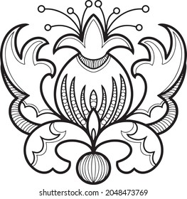 Ilustración vectorial monocroma sobre un fondo transparente. Flor de peonía decorativa con pétalos