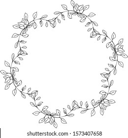 Monochrome vector illustration on a white background. Hand drawn wreath of simple twigs with rounded leaves. Black lines on a white background, For wedding, invitation, greeting card, print.