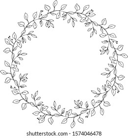 Monochrome vector illustration on a white background. Hand drawn wreath of simple twigs with rounded leaves. Black lines on a white background, For wedding, invitation, greeting card, print.