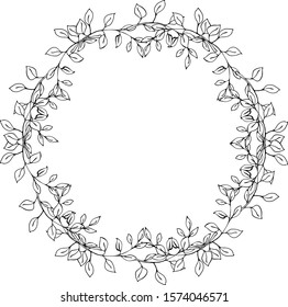 Monochrome vector illustration on a white background. Hand drawn wreath of simple twigs with rounded leaves. Black lines on a white background, For wedding, invitation, greeting card, print.