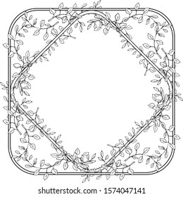 Monochrome vector illustration on a white background. Hand drawn wreath of simple twigs with rounded leaves. Black lines on a white background, For wedding, invitation, greeting card, print.
