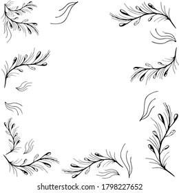 Monochrome vector illustration on a white background. Hand drawn wreath of simple twigs with rounded leaves. Black lines on a white background, For wedding, invitation, greeting card, print.