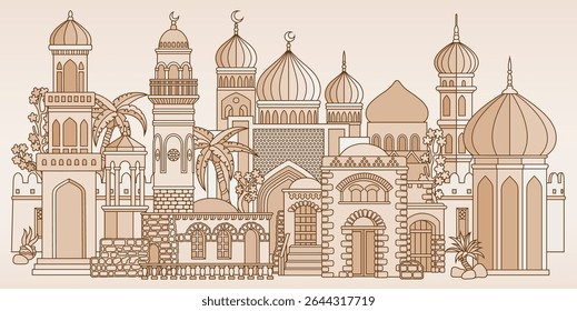 Monochrome vector illustration of an oriental city with domes, towers, and minarets. Perfect for Arabian, Islamic, and fairytale themed designs. Hand drawn, not AI
