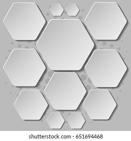 Monochrome vector illustration. Paper hexagons on monochrome background.