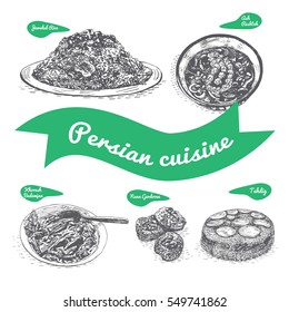 Monochrome vector illustration of Persian cuisine and cooking traditions