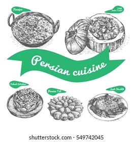 Monochrome vector illustration of Persian cuisine and cooking traditions