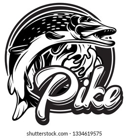 Monochrome vector illustration with pike and calligraphy lettering.