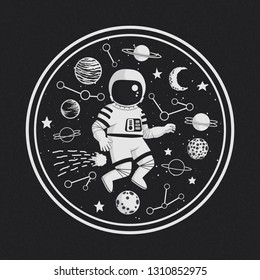 Monochrome vector illustration, poster, t-shirt design. Cartoon astronaut with stars, planets, comet and constellations with circle frame on a dark background.