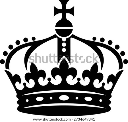 A monochrome vector illustration of a regal crown. This symbol of power, monarchy, and royalty is depicted in a simple black silhouette style, isolated on a white background.