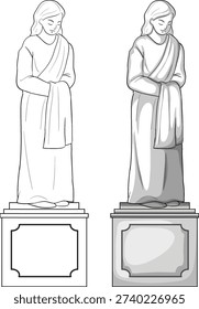 Monochrome vector illustration of robed stone statue on pedestal, line art and shaded rendering