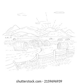 Monochrome vector illustration of rolled hay, haystacks in the field on a background of mountains and sunset. Agriculture and farming vintage hand drawing.