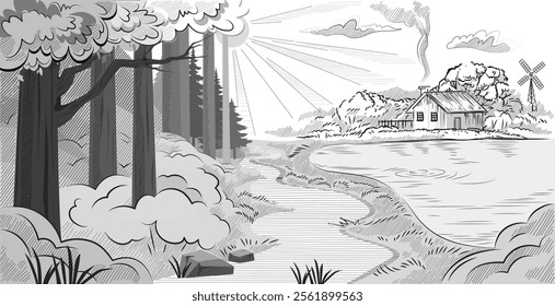 Monochrome vector illustration of a rural landscape with a house, windmill, forest, river, and sunlight. Concept of countryside, nature, simplicity, and peaceful living