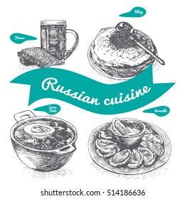 Monochrome vector illustration of Russian cuisine and cooking traditions