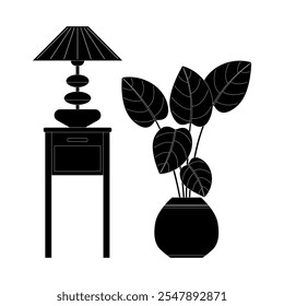 una Ilustración vectorial monocromática de una decoración y muebles de estilo escandinavo