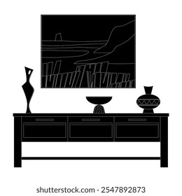 a monochrome vector illustration of a Scandinavian style interior decor and furniture