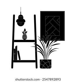 una Ilustración vectorial monocromática de una decoración y muebles de estilo escandinavo