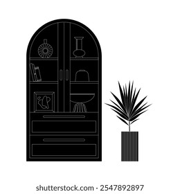 a monochrome vector illustration of a Scandinavian style interior decor and furniture