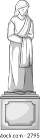Monochrome vector illustration of serene robed woman statue standing on ornate pedestal base
