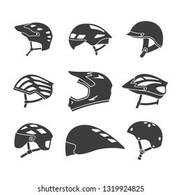 Monochrome vector illustration of a set bicycle helmets, isolated on a white background.