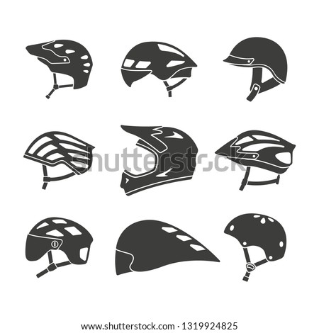 Monochrome vector illustration of a set bicycle helmets, isolated on a white background.
