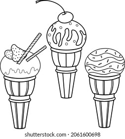 Monochrome Vektorgrafik, ein Satz leckeres Eis in einem Waffelbecher, Linie auf transparentem Hintergrund