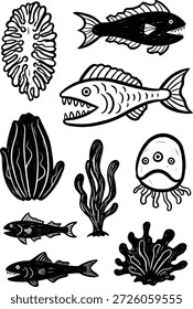 Conjunto de Ilustración vectorial monocromática de Elementos de vida marina con peces, medusas y varios corales con un efecto de textura dibujado a mano