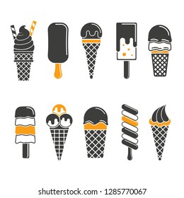 Monochrome vector illustration of a set ice cream, isolated on a white background.