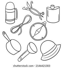 Monochrome Vector illustration. A set of items for tourism and summer holidays, traveling away from home, items for travel and outdoor activities