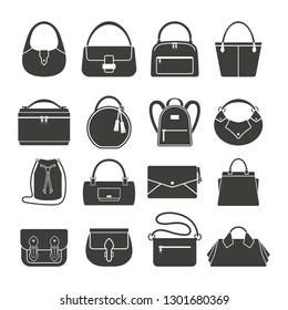 Monochrome vector illustration of a set ladies handbags, isolated on a white background.