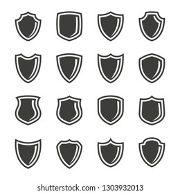 Monochrome vector illustration of a set shields icons, isolated on a white background.