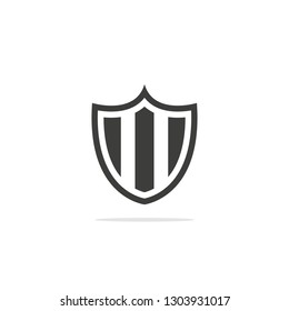 Monochrome vector illustration of a shield icon, isolated on a white background.