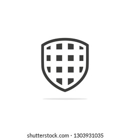 Monochrome vector illustration of a shield icon, isolated on a white background.