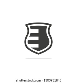 Monochrome vector illustration of a shield icon, isolated on a white background.