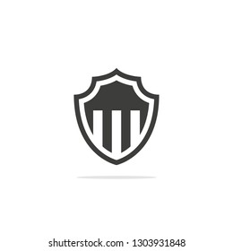 Monochrome vector illustration of a shield icon, isolated on a white background.
