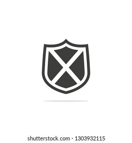 Monochrome vector illustration of a shield icon, isolated on a white background.
