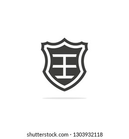 Monochrome vector illustration of a shield icon, isolated on a white background.