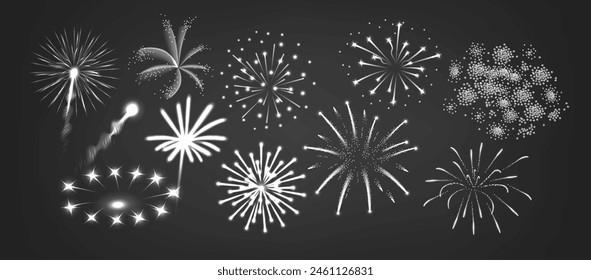 Monochrome Vector Illustration Showcases A Variety Of Fireworks, Including Rockets And Starbursts, Against A Dark Sky