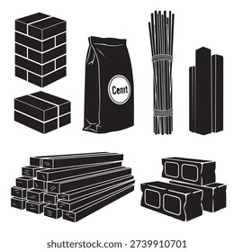 A monochrome vector illustration showcasing various essential construction materials such as bricks, cement bags, rebar, timber planks, and concrete blocks.