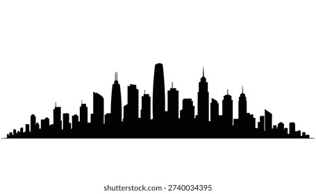 A monochrome vector illustration showing the black silhouette of a large city skyline. This panoramic graphic features numerous skyscrapers and buildings against a clean white background.