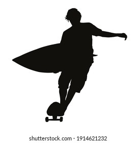 Monochrome vector illustration of silhouette of surfer riding a skateboard.