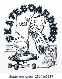 Monochrome vector illustration of skateboard. Skateboard typography, ramp. Great for t-shirt prints