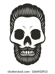 Monochrome vector illustration of skull with beard, mustache and hair