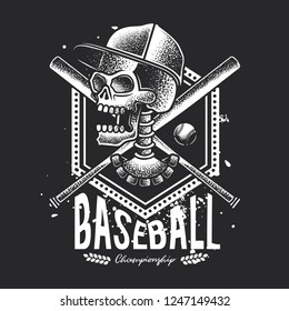 Monochrome vector illustration of a skull in a cap, with baseball supplies in the background.