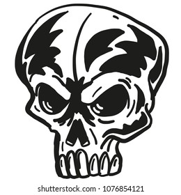Monochrome vector illustration of skull, head and bones. On white background