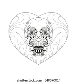 Monochrome vector illustration of a skull in the heart. Template greeting card or banner. Floral motif.