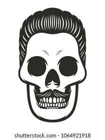 Monochrome vector illustration of skull with mustache and hair