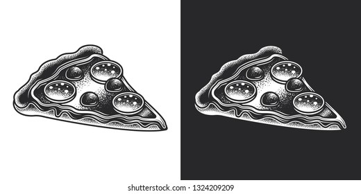 Monochrome vector illustration of a slice of pizza in vintage style.